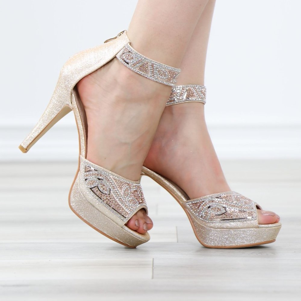 Sparkly Rhinestone Glitter Diamond Platform Ankle Bracelet Open Toe High Heel